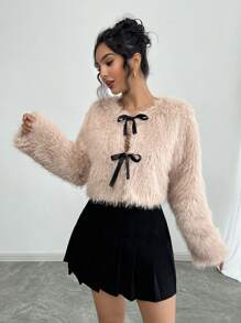 Firerie 女士优雅新年冬季外套，蝴蝶结前蓬松外套，冬季新款米色蓬松领保暖外套，女士冬季外套优雅、温暖、百搭、商务通勤、日常休闲、宽松翻领外套、返校节服装、人造毛皮纯色长袖蓬松夹克蓬松外套 - 杏色 - 查看 5