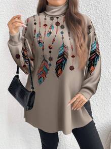 SHEIN LUNE Plus Size Casual Minimalist Feather Print High Neck Long T-Shirt, Autumn/Winter