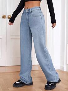 SHEIN EZwear 女式宽松版型保暖内衬直筒牛仔裤，带口袋 - 藍色 - 查看 4