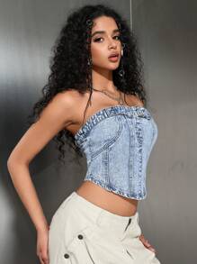 SHEIN EZwear Damen einfaches lässiges Denim Bustier Top, Alltagskleidung - Blau - Übersicht 2