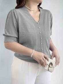 EMERY ROSE Plus Size Women's V-Neck Puff Sleeve Solid Color Sweater With Button Design, For Autumn/Winter Knit Pullover Fall Sweater - Light Grey - View 1