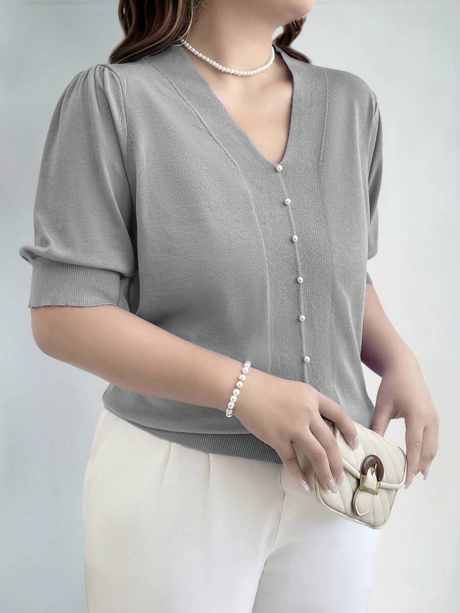 EMERY ROSE Plus Size Women's V-Neck Puff Sleeve Solid Color Sweater With Button Design, For Autumn/Winter Knit Pullover Fall Sweater - Light Grey - View 1