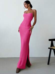 Firerie Abito a tubino elegante e casual in maglia con spacco e schiena scoperta, stile sexy per le donne - Fucsia - Visualizzare 6