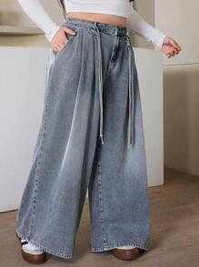 SHEIN EZwear 大码女式口袋褶皱阔腿宽松休闲牛仔裤