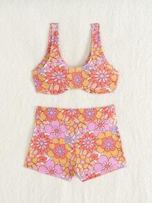 Swim SPRTY Summer 2pcs/Set Women's Multicolor Print Random Twist Knot V-Neck Top And Boyshort Swimwear Cute Bikini Set