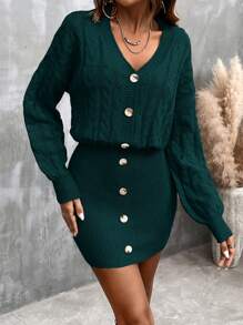 SHEIN Clasi 女士纯色前扣长袖简约短款时尚毛衣连衣裙 - 墨綠色 - 查看 5