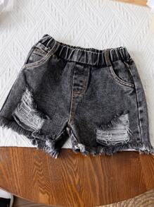 SHEIN 2 件套年轻女孩休闲卡通印花短袖上衣和破洞牛仔短裤套装 - 玫紅色 - 查看 4