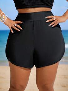 SHEIN Swim Curve Plus Size Women Plain Swim Bottoms With Pockets, Conservative Beach & Party Swimwear Summer - Black - View 6