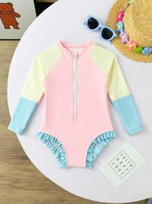 SHEIN 年轻女孩 1 件套拼色防晒泳衣套装，粉色/蓝色/黄色，长袖，时尚，休闲，优雅，适合游泳、度假、夏季 - 彩色 - 查看 2