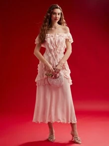 MOTF PREMIUM RUFFLE TRIM OFF SHOULDER DRESS,VALENTINE'S DAY OUTFIT,SPRING/SUMMER - Pink - View 5