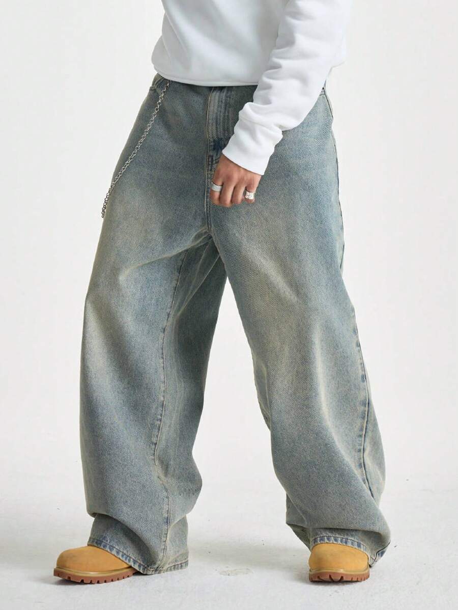 Manfinity EZcore 男士浅蓝色水洗牛仔布复古宽松阔腿牛仔裤 - 淺色水洗藍 - 查看 1