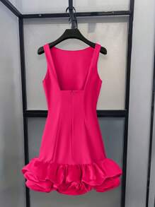 INAWLY Women's Solid Color Round Neck Sleeveless Puff Hem Fashionable Short Dress