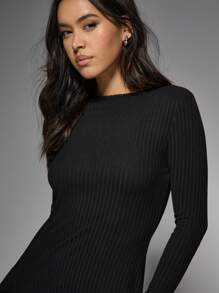 MISSGUIDED 船领罗纹长袖修身紧身迷你连衣裙 - 黑色 - 查看 4