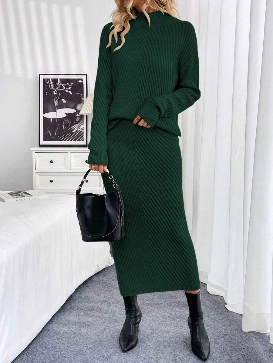 SHEIN Clasi 2 件套女士立领长袖毛衣和长款针织裙休闲装，秋冬 - 墨綠色 - 查看 1