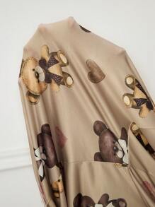 Simple Fashionable Cartoon Bear Print Plus Size Casual Nightgown For Everyday Wear
