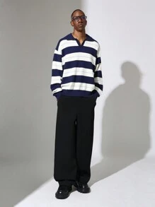 SUMWON Classic Knit Polo Sweater V-Neck Striped Pullover Long Sleeve Winter Fall Casual Preppy University Style Ribbed Cuffs Warm Knitwear