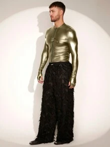 FeverCity Men's Solid Color Long Sleeve PU Leather Zip-Up Jacket, Autumn, For Fall Winter - Army Green - View 6