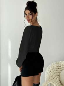 Firerie Symmetric Gathered Neck Design Long Sleeve Shirt - Black - View 2