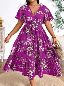 Breezaya Vestido de vacaciones de talla grande con estampado floral y ribete de volantes - Rosa Fucsia - Ver 3