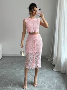 Breezaya Pink Lace Luxury Crew Neck High-Quality Slim Fit Coordinated Set