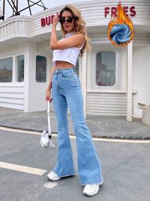 SHEIN Frenchy 1pc Women's Casual Solid Color Thermal Lined Skinny Flare Jeans, Autumn/WinterThermal Thickened Denim - Blue - View 5