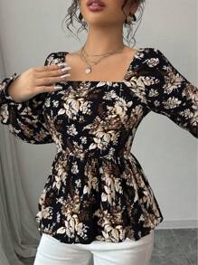 Selianne 1 件女式常规版型碎花圆领长款泡泡袖百搭衬衫 - 彩色 - 查看 4