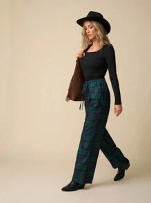 LanaWest 女士格纹腰带口袋直腿宽松休闲裤 - 綠色 - 查看 5