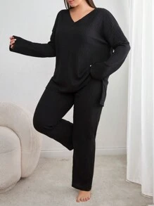RueChic 2pcs Plus Size Cotton Button Detail Shirt And Long Bottom Homewear Lounge Set - Black - View 3
