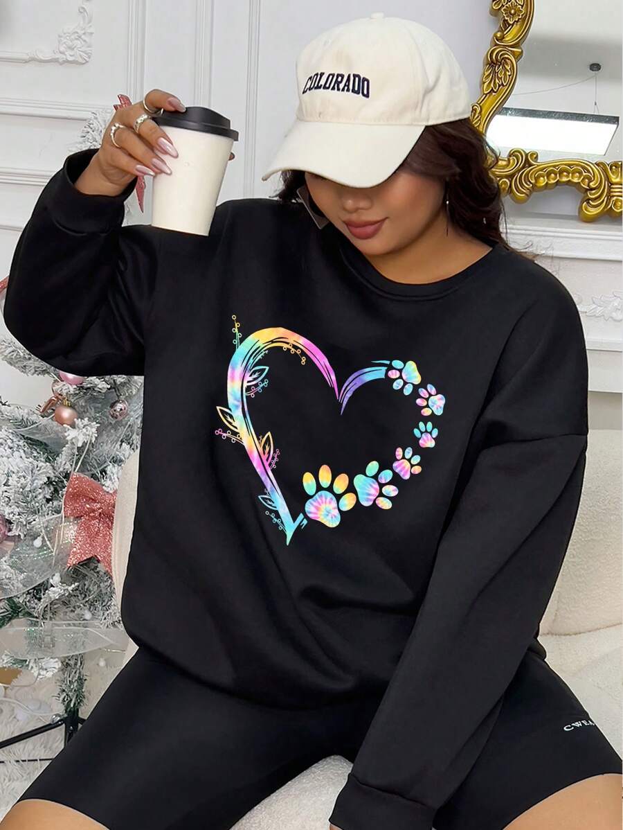 INAWLY Áo nỉ hở vai in hình trái tim và hoa, cho mùa đông - màu đen - Xem 1