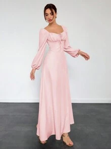 Aloruh Women's New Lantern Sleeve Long Sleeve Fitted A-Line Dress, Autumn/Winter - Pink - View 1