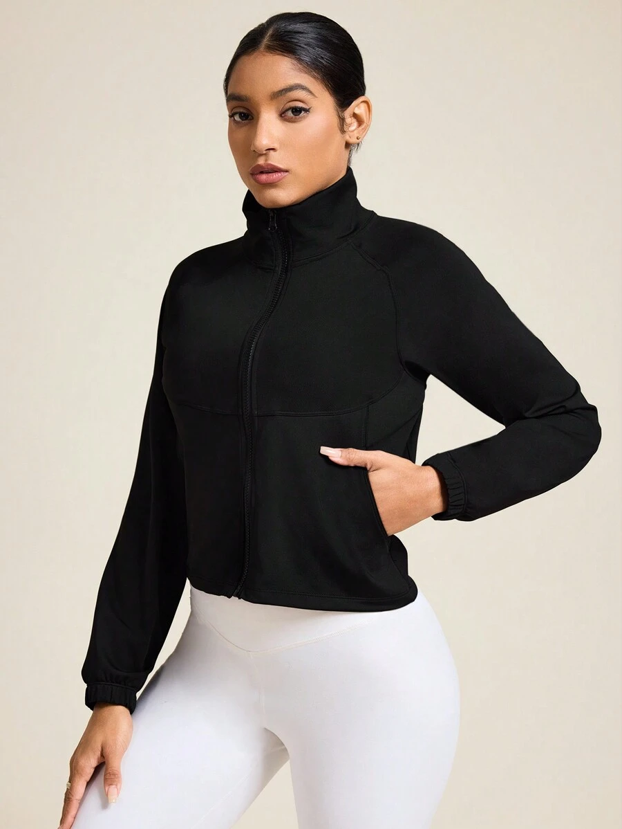 Easithlete Solid Color Stand Collar Raglan Sleeve Cropped Sports Jacket