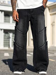 Manfinity Homme Celana Jeans Pria Kasual Model Lurus dengan Detail Sobek - Hitam - View 3