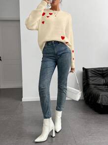 Chiquease European And American Stylish Design 3D Heart Embroidered Faux Mink Loose Fit Pullover Sweater, Autumn/Winter