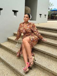 SHEIN SXY Plus Size Women's Long Sleeve Paisley Brown Polka Print Shirt Collar Drawstring Side Slit Midi Dress,Boho Autumn Holiday Vacation Daily Casual Party - Multicolor - View 4