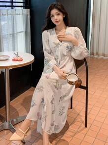 DAZY Floral Print Tie-Up Split Puff Sleeve Women's Mid-Length Dress,Fall Dress Long Sleeve Dress Boho Vacation Outfits Women - Beige - View 8