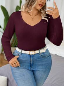 Calvaya 大码女式圆领长袖修身套头毛衣，秋冬针织套头衫 - 酒紅色 - 查看 1
