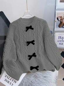 Chiquease Oversized Bow Knot Front Vintage Chunky Knit Cardigan, Casual And Sweet, Age-Reducing - Grey - View 1