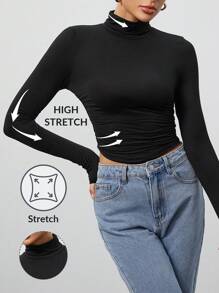 SHEIN Tall Áo thun nữ cổ bẻ màu đen giản dị, mùa thu - màu đen - Xem 1