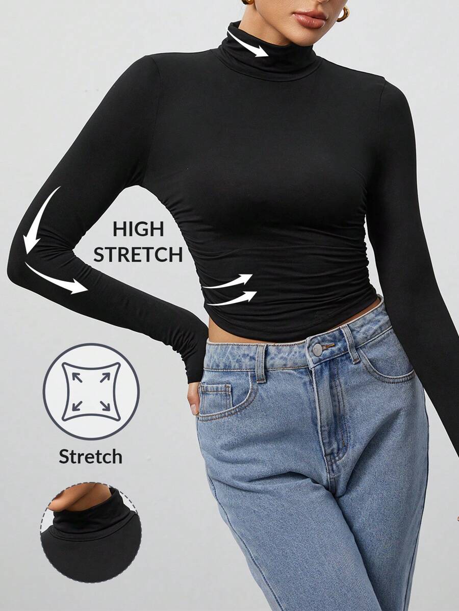 SHEIN Tall Áo thun nữ cổ bẻ màu đen giản dị, mùa thu - màu đen - Xem 1