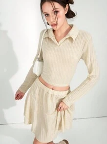 SHEIN Explorewe 2 件套优雅甜美杏色女孩短款上衣和分层裙子，V 领，青少年休闲装