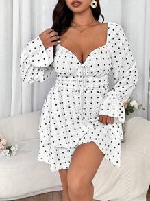 Flirla Robe à manches longues douce avec volants en jacquard 3D à pois, romantique pour la Saint-Valentin, rose, cœur, pois, amour, lèvre, cupidon, fleur 3D - Noir et Blanc - Voir 5