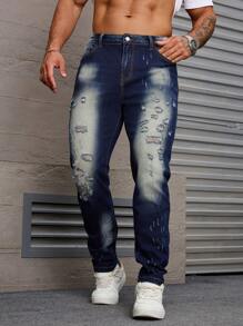 Manfinity Homme Pantalones vaqueros casuales con bolsillos y efecto desgastado para hombres de talla grande
