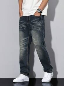 Manfinity Homme Men's Casual Distressed Tapered Fit Denim Jeans Dark Blue Distressed Straight Leg Dark Wash Jeans, For Husband, Boyfriend Gifts Going Out Hang Out Vacation Street Work