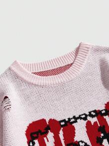 ROMWE MEN Street Life 情人节/爱情/情侣/心/XOXO/亲吻/拥抱和亲吻/做我的人/宝贝/婴儿/吻/嘴唇/心/丘比特/天使/玫瑰/微笑/蝴蝶/樱桃/草莓/3D 玫瑰/花朵/蝴蝶结印花情侣复古宽松毛衣，男士休闲针织套头衫，冬季 - 粉色 - 查看 4