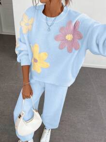 Chiquease Retro Floral Print Loose Crew Neck Lantern Sleeve Sweater Set, Casual And Relaxed Style, Fashionable Design, Suitable For Autumn/Winter - Baby Blue - View 5