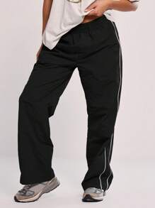 MUSERA 弹力腰带撞色滚边喇叭裤腿宽松休闲长裤，适合冬季返校季，舒适街头风，春季必备