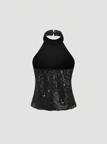 Flirla Women's Fashion Backless Sequin Halter Neck Blouse For Party