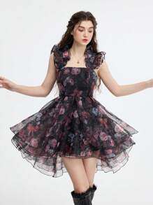 SHEIN MOD Robe femme asymétrique multicouche à imprimé floral noir, tenue de vacances femme, tenue d'été pour femme, vêtements occidentaux femme, tenue de campagne, tenue de vacances à la plage, Saint-Valentin, robe boho femme - Noir - Voir 2