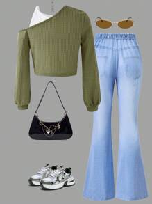 SHEIN 两件套少女时尚舒适格子露脐上衣和印花喇叭裤套装，适合派对和活动，春夏款 - 彩色 - 查看 2