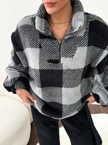 SHEIN Cottnline 2pcs Black & White Plaid Pattern Soft Teddy Fleece Fabric Set - Black - View 6